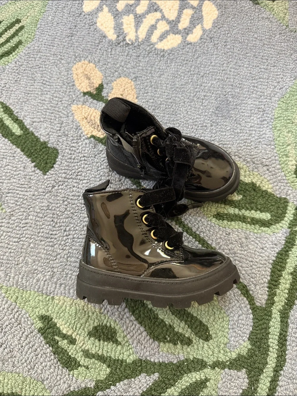 H&M Black Patent Lace-Up Kids Ankle Boots with Chunky Sole